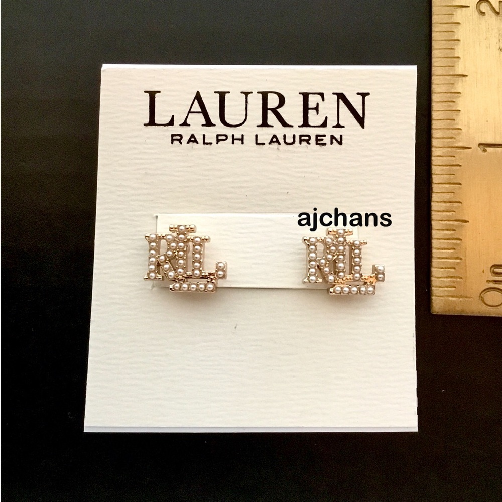 Lauren Ralph Lauren Gold Tone RLL Logo Pearl Stud Earrings - Picture 4 of 4